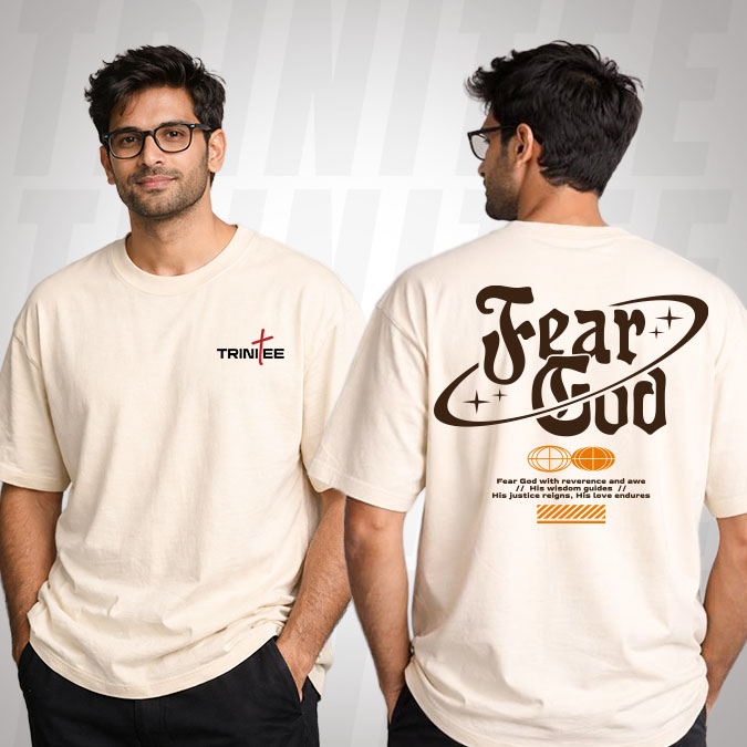Fear God Christian graphic T-shirt design with bold typography and faith inspired message