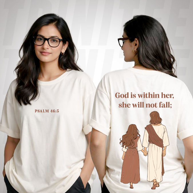 God Within Her Christian women’s T-shirt inspired by Psalm 46:5 with faith statement typography design