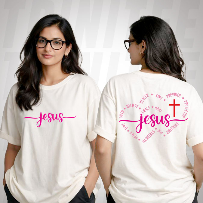 Jesus Is Everything Christian T-Shirt for women featuring pink faith typography and cross graphic design