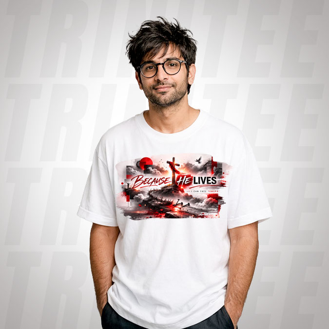 Because He Lives Redemption Tee with cross, crown of thorns, and resurrection themed Christian graphic design