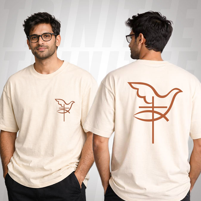 Christian t-shirt with minimal dove cross symbol front design