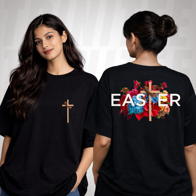 black Christian t-shirt with minimal cross front design
