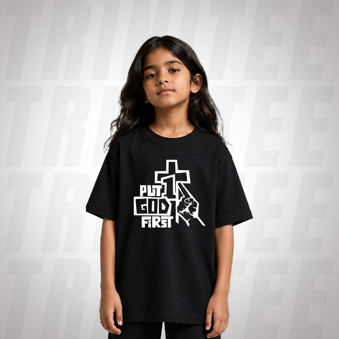 Front view of the Trinitee Kids Fit Put God First Christian kids t-shirt featuring an uplifting faith message.