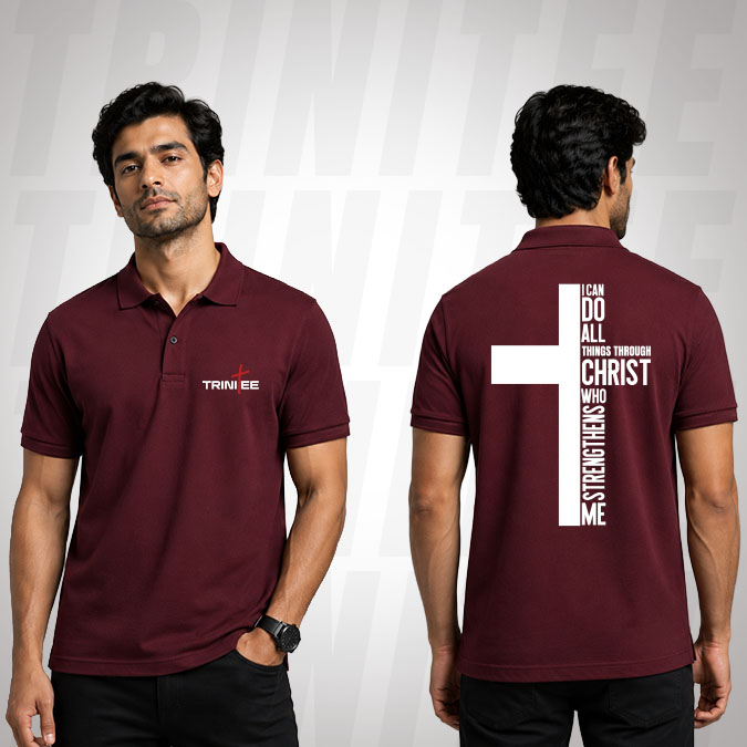 Faith-inspired Christian polo featuring Philippians 4:13 and a bold cross graphic. Black Christian polo t-shirt featuring cross design and Philippians 4:13 Bible verse