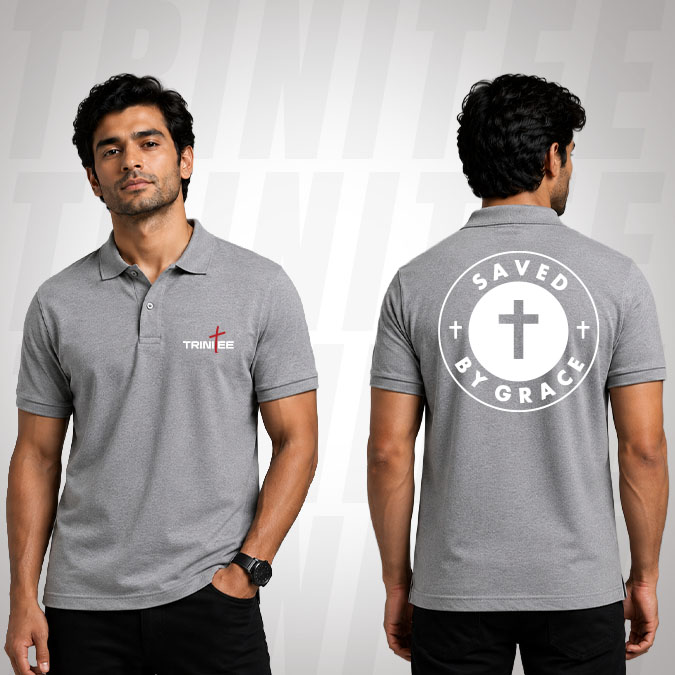 Faith-inspired Christian polo with a timeless Saved by Grace message. Christian polo featuring Saved by Grace design