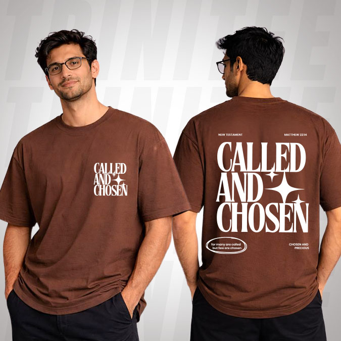 A modern Christian graphic tee featuring the message “Called & Chosen.” A bold statement of faith, identity, and purpose for everyday wear. Image Titles